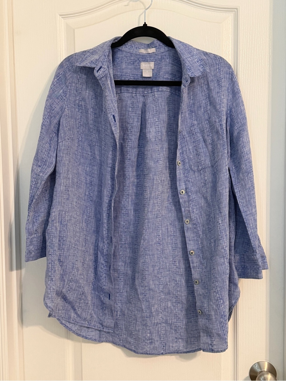 Chico's Blue Patterned 100% Linen Quiet Luxury Button Down Shirt Sz 0 (US 4)